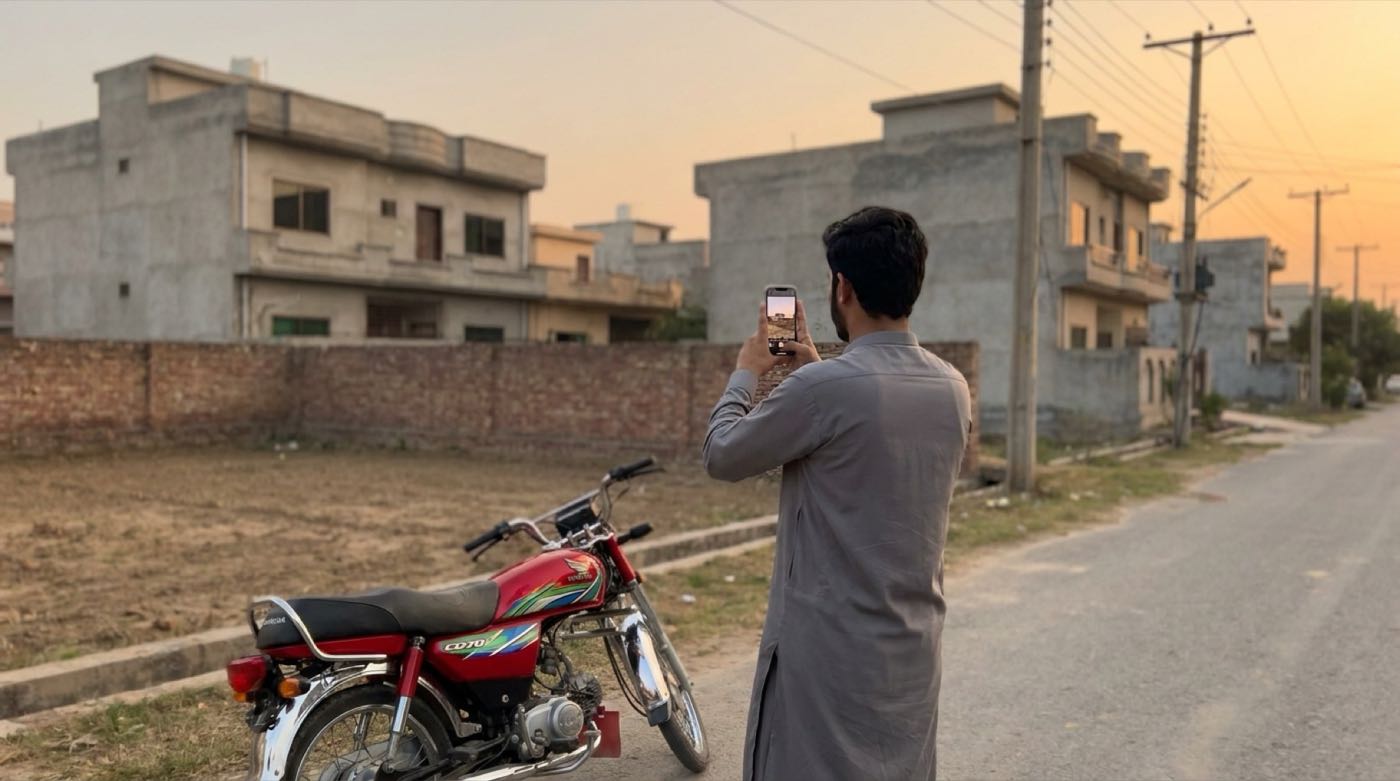 A man photographing a walled plot on a residential street in Faisalabad